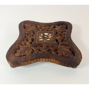 Vintage Hand Carved Wood Trivet Floral Inlay Footed Hot Plate Made in India 6in